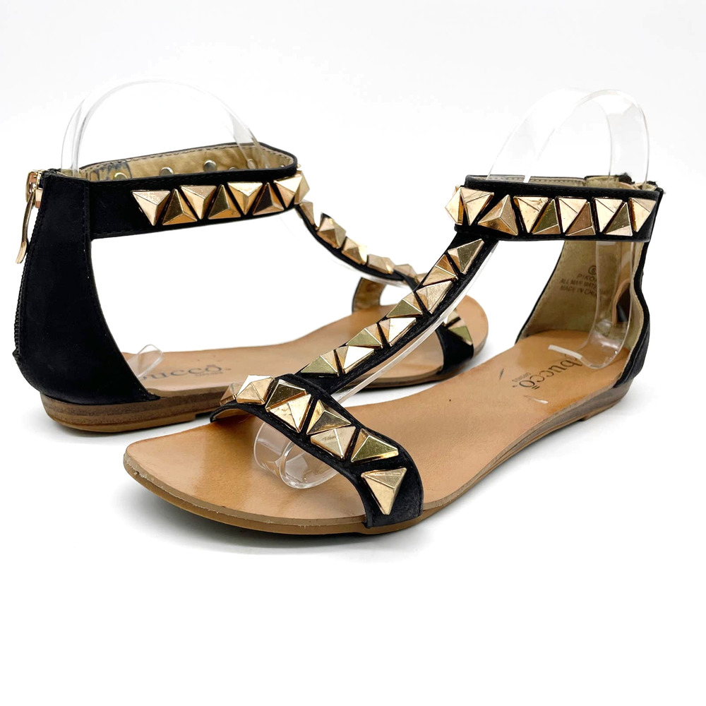 Bucco Black and Gold Studded Sandals